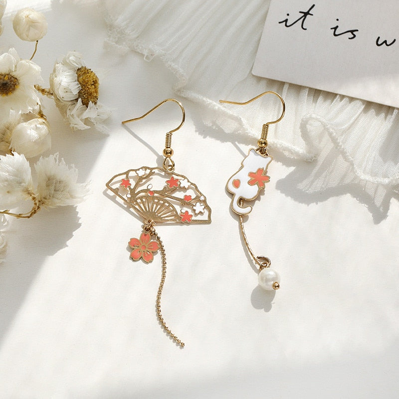 Chinese Style Folding Fan Crane Carp Lotus Asymmetrical Long Tassel Dangle National Style Earrings for Women Jewelry Gift