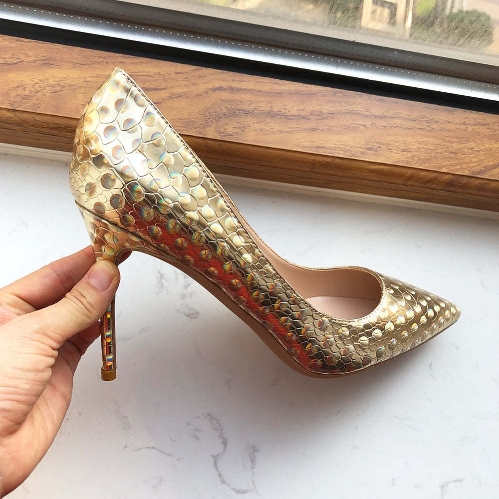 Golden Glitter Pointed Toe Stiletto High Heels Shiny Slip On Chic Pumps