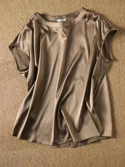 Silk Thin Short Sleeve Tees Elegant Black Brown Tops Solid Loose Casual