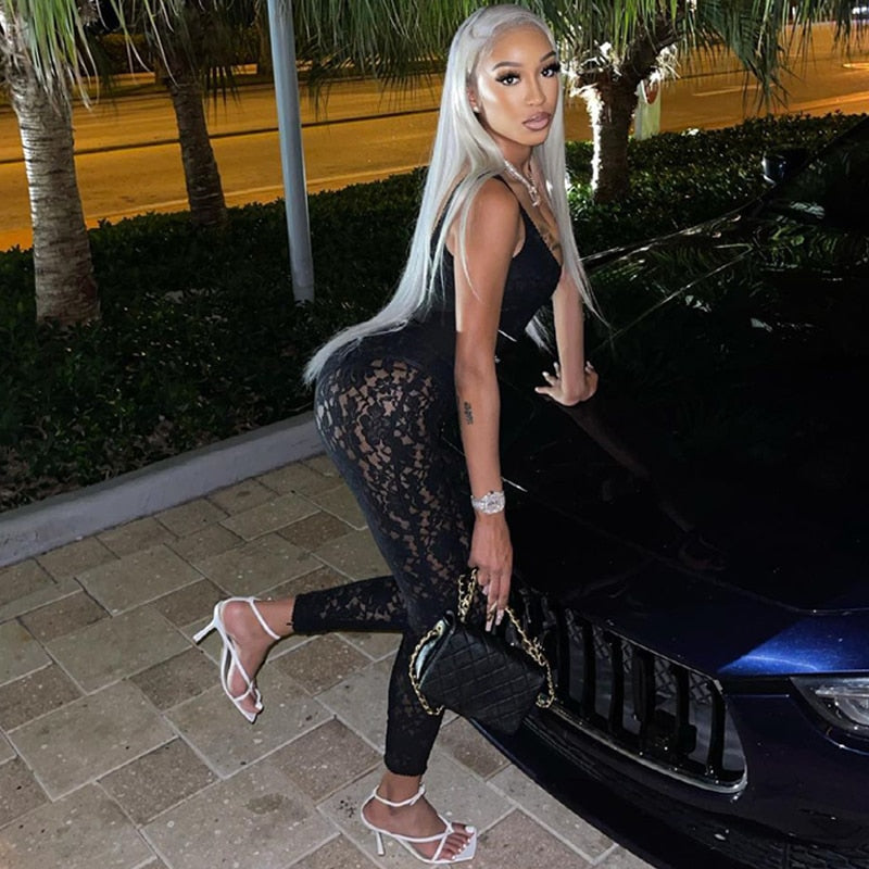 High Waist See-Through Zip Up Bodycon Sleeveless Pencil Jumpsuit Summer Women Fashion Streetwear Casual Club Y2K