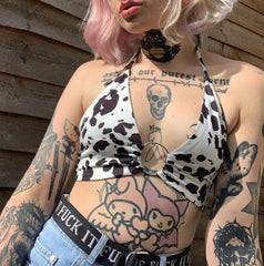 Women&#39;s Sexy Summer Cow Print Crop Tops Y2K V-Neck Sleeveless Sling Halter Vest with Metal Ring for Girls Streetwear