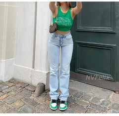 Straight Leg Jeans For Loose High Waist Trousers Casual Blue Wash Cotton Denim Baggy  Jeans