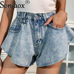 Ripped Denim Shorts Sexy High Waist Ruffle Hem Loose Ruched