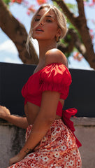 Nadafair Blouse Women 2020 Summer Off Shoulder Tops Puff Sleeve Bow Tied Beach Short Sleeve Backless Sexy Crop Top Women White