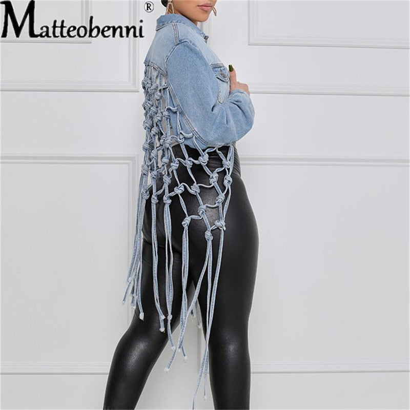 Womens Autumn 2021 New Fit Crop Tops Back Grid Tassel Design Long Sleeve Jean Coat Ladies Casual Street Plus Size Denim Jacket