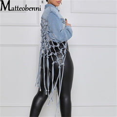 Womens Autumn 2021 New Fit Crop Tops Back Grid Tassel Design Long Sleeve Jean Coat Ladies Casual Street Plus Size Denim Jacket