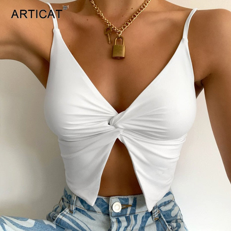Articat White Spaghetti Strap Twist Crop Top Camisoles For Women Summer V-neck Backless Tank Top Femme Slim Cropped Top 2021 New