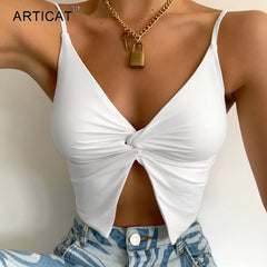 Articat White Spaghetti Strap Twist Crop Top Camisoles For Women Summer V-neck Backless Tank Top Femme Slim Cropped Top 2021 New
