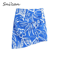 Blue Floral Asymmetrical Skirt Za 2021 Women High Waist Buttons Ruched Bodycon Mini Sexy Faldas Cortas Summer Jupe Femme Snican