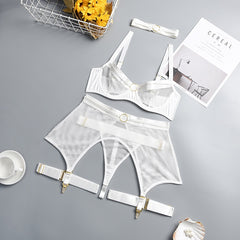 Yimunancy 4-Piece Mesh Bra Set Women Transparent Ring Sexy Underwear Set Underwire Ladies Lingerie Set with Garter Belt
