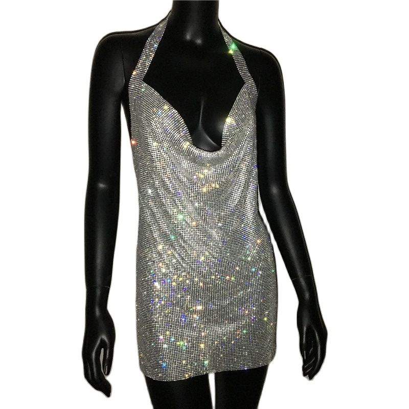 2022 NEW Sexy Deep V Neck Crystal Dress Women Luxury Rhinestone Halter Dance Party Diamante Backless Split Mini Dresses