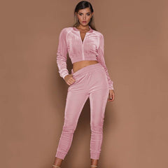 Velvet Tracksuit Crop Top Set Two Piece