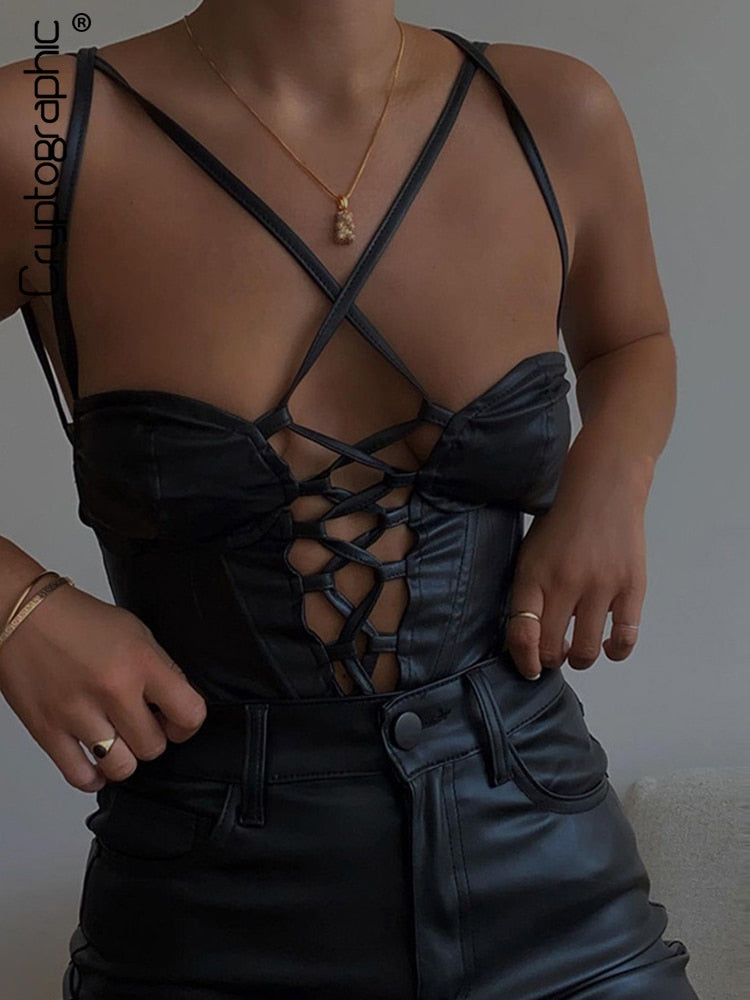 Cryptographic Fashion Halter Sexy Bandage Crop Tops Women Sleeveless Backless Rave Festival PU Leather Top Cropped Streetwear