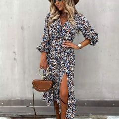 2021 Summer Women Vintage Dress High Waist Ruffle Lady Casual Dress Sexy V-Neck Elegant Floral Printed Puff Sleeve Female Dress