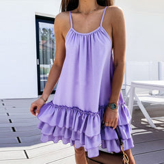 Sexy Spaghetti Strap Ruffle Solid Sleeveless 2021 Summer Women Dresses Loose A Line Mini Holiday Beach Dress Sundress Robe
