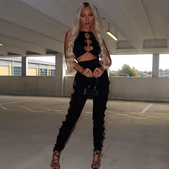 Two Piece Set Women Diamond Outfit Sexy Sleeveless Cut Out Crop Top+Elastic High Waist Pencil Pants 2021 Fall Party Clothes
