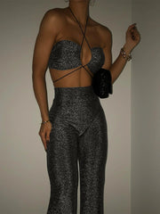 Dulzura Bling Glitter Women 2 Pieces Lace Up Halter Crop Top Wide Leg Pants Set Matching Suit Party Club Sexy 2022 Summer