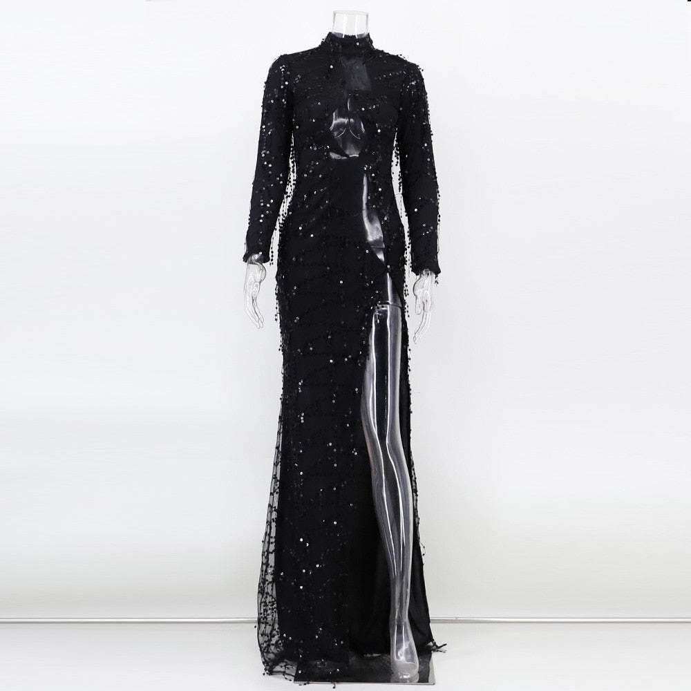 Evadne Sheer Sequin Turtleneck Maxi Dress