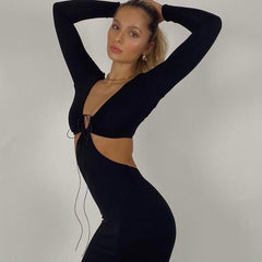 Long Sleeve Halter Sexy Cut Out Black Maxi Dress