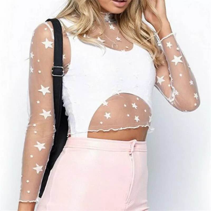 Sexy Mesh Polka Dot Printed T-shirt Women Long Sleeve High Neck Tops Tshirt See Through Spring Party Club Tee Shirt