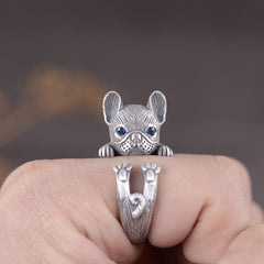 Cute Blue Eyes Bulldog Ring Animal Pet Cat Dog Silver Color Rings Women Men Fashion Simplicity Jewelry Gift Resizable