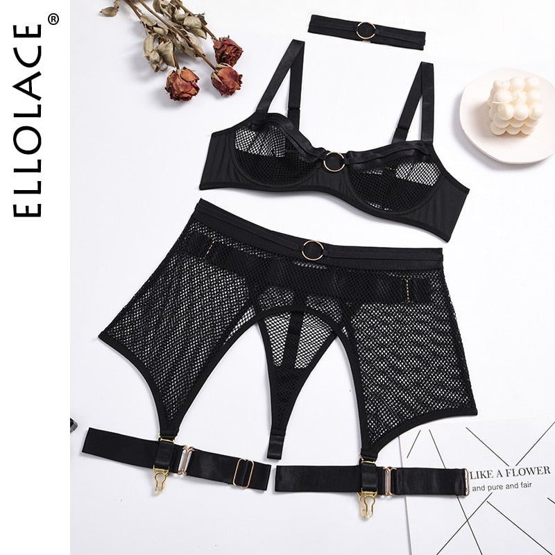 Ellolace Four-Piece Set Erotic Lingerie Transparent Bra Kit Push Up See Through Lace Langerie Mesh Seamless Underwear Garters