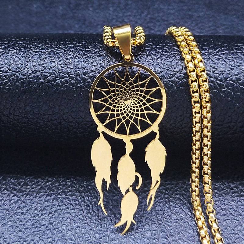 Feather Dream Catcher Stainless Steel Chain Necklaces Gold Color Long Necklaces Boho Jewelry sautoir femme long bohème N7021S01