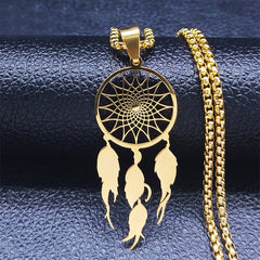 Feather Dream Catcher Stainless Steel Chain Necklaces Gold Color Long Necklaces Boho Jewelry sautoir femme long bohème N7021S01