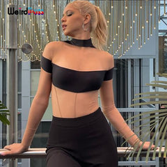 Weird Puss 2021 Sexy Mesh Patchwork Bodysuits Women Long Sleeve Skinny Stretchy Club Fashion Bodycon See Through Summer Wild Top