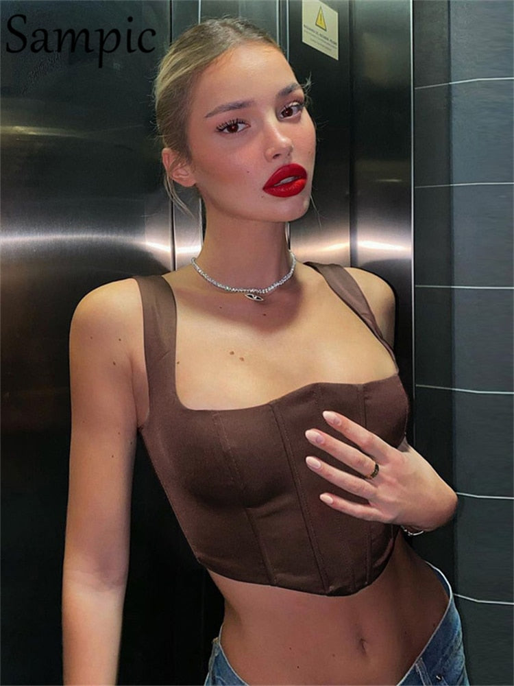 Sampic Chic Vintage Clothes Women Satin Y2K Crop Tops Sexy Skinny Strap Corset Tops Brown Tank Tops 2022 New Spring Summer Main image