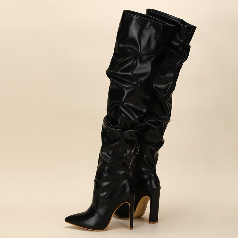 Pleated Thigh High Boots Pointed Toe Zip Stiletto Square Heels Shoes