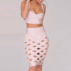 Adyce 2022 New Summer Women Pink Hollow Out Bandage 2 Two Pieces Sets Sexy Spaghetti Strap Tops&amp; Skirt Club Party Outwear Sets