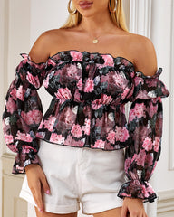 Spring Women Floral Print Off Shoulder Ruffles Blouse 2021 New Femme Casual Long Sleeve Pink Top  Office Ladies Outfits Tunic