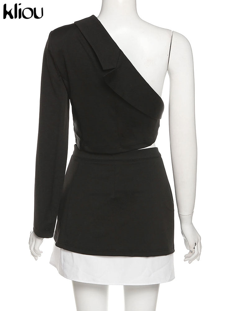 Kliou High Street Style Two Piece Set Women Skirt Asymmetrical Patchwork One-Shoulder Top+Unique Sexy Side Single Button Skirt