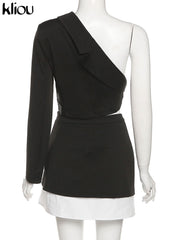 Kliou High Street Style Two Piece Set Women Skirt Asymmetrical Patchwork One-Shoulder Top+Unique Sexy Side Single Button Skirt