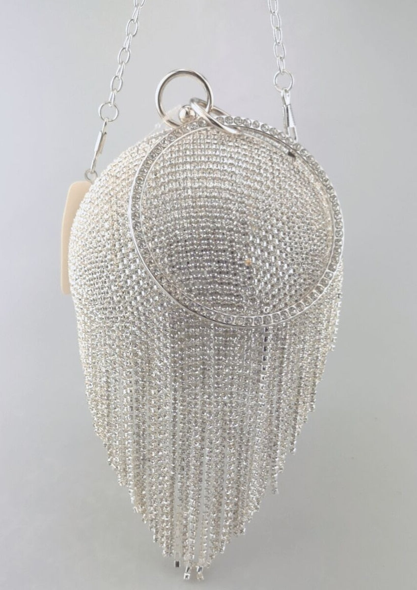 DG PEAFLOW Round Circular Gold Diamond Tassel Bridal  Women Evening Party Crystal Clutch Bag Wedding Wristlets Purse