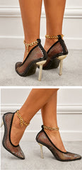 CHAIN Buckle Strap Lace Black Women Pumps PVC Transparent Mesh Thin Heels Shoes