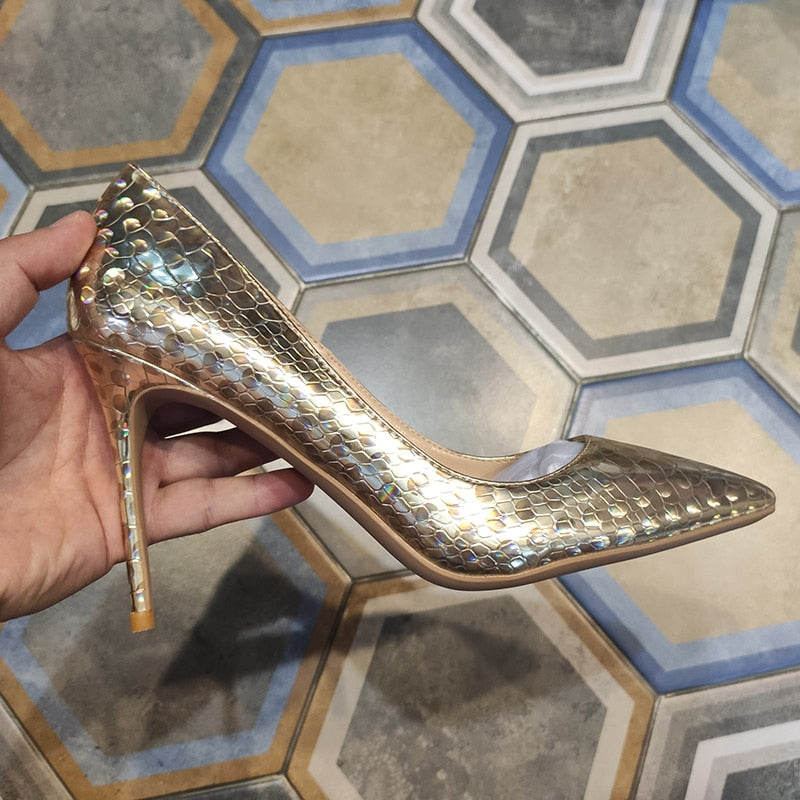 Golden Glitter Pointed Toe Stiletto High Heels Shiny Slip On Chic Pumps