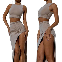 Two-piece Clothes Set  Solid Color Round Collar Vest and High Waist Split Long Slit Skirt