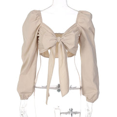 Yimunancy 2 Colors Puff Sleeve Top Women Knot V Neck Crop Top 2021 Autumn Ladies Long Sleeve Sexy Top Clubwear