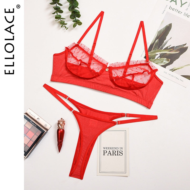 Ellolace Ruffle Lace Lingerie Sexy Women&#39;s Underwear Transparent Short Skin Care Kits Sexy Lace Bra Brief Sets Erotic Intimate