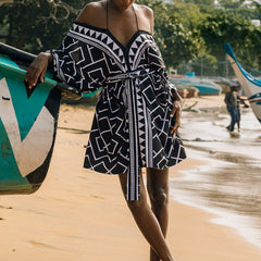 Sexy Black Beach Outing Cover Up Boho Chic DIY Wearing Print Mini Dresses Irregular Geometry Triangle Swimwear Woman Summer
