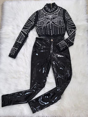 High Quality Black Pearls Beading Two Pieces Set Rayon Bandage Set Club Party Fashion Outfit