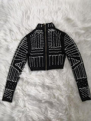 High Quality Black Pearls Beading Two Pieces Set Rayon Bandage Set Club Party Fashion Outfit