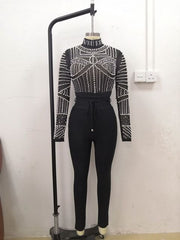 High Quality Black Pearls Beading Two Pieces Set Rayon Bandage Set Club Party Fashion Outfit