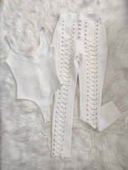 High Quality Black White sleeveless Weaving Rayon Bandage Jumpsuit Cocktail Party Bodycon Jumpsuit Vestidos