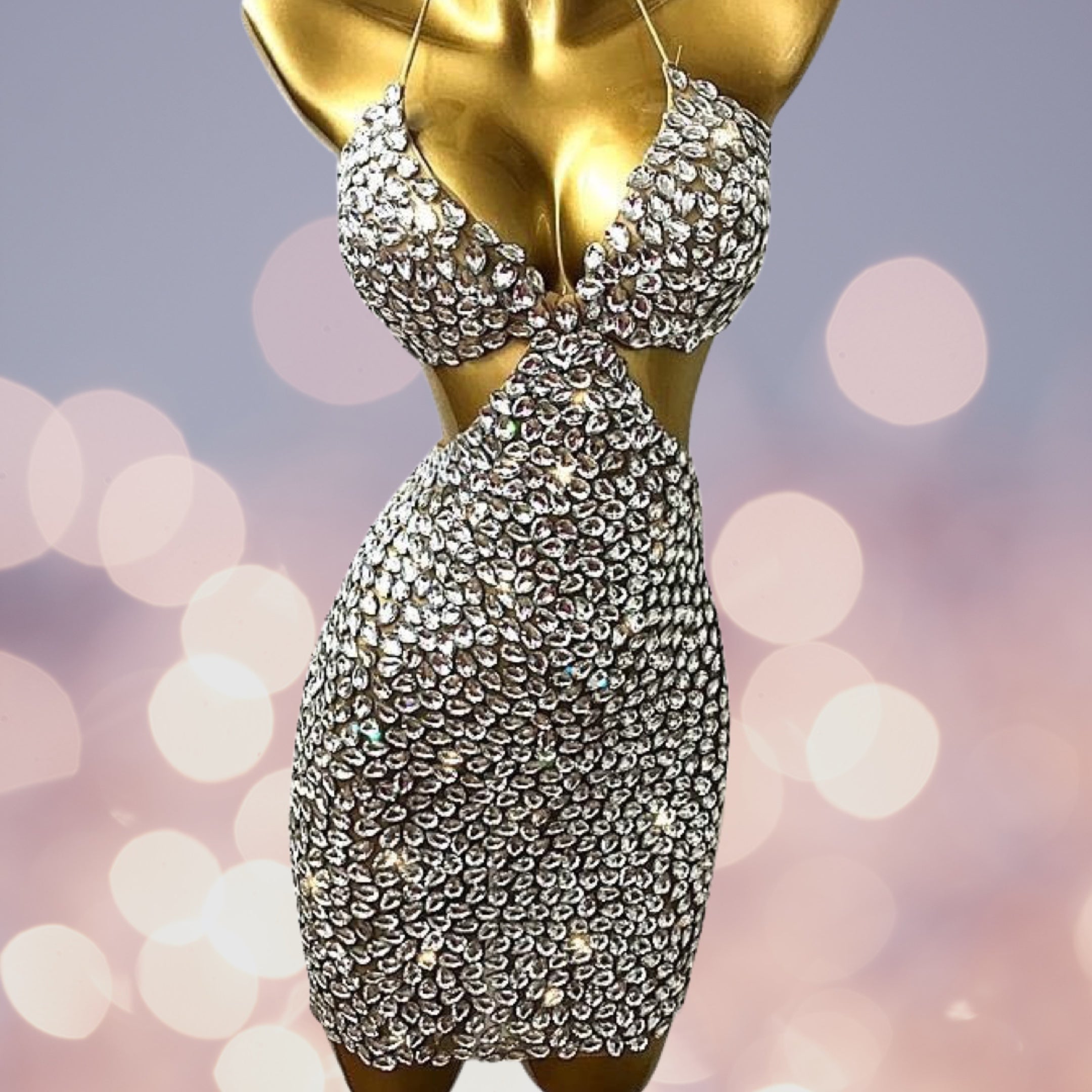 Glisten Full Silver Rhinestones Bra Mini Dress