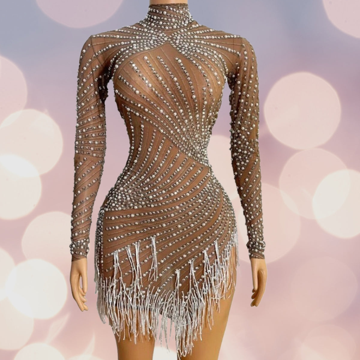 Shining Pearl Rhinestones Transparent Fringes Mini Dress