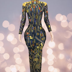 Sparkly Sequins Gold Rhinestones Long Sleeves Black Long Dress