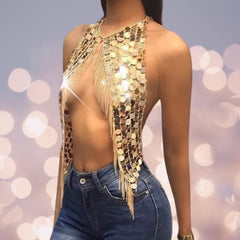 Sequined Crop Tops Metal Chain Tassel